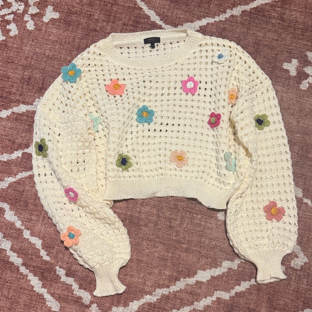 Debut Cream Sweater with Colorful Floral Accents